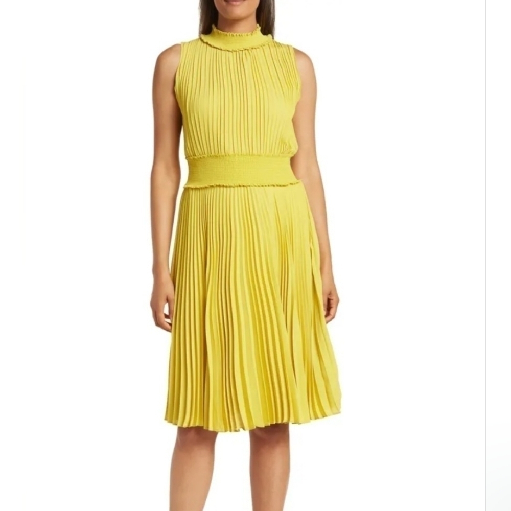 Nanette Lepore Sleeveless Smocked High Neck Lime Yellow Pleated Dress